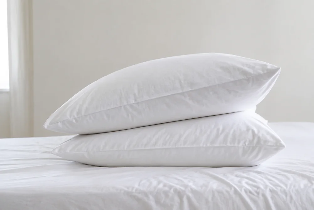 Zwei aufeinandergestapelte Kopfkissen auf einem gemachten Bett
