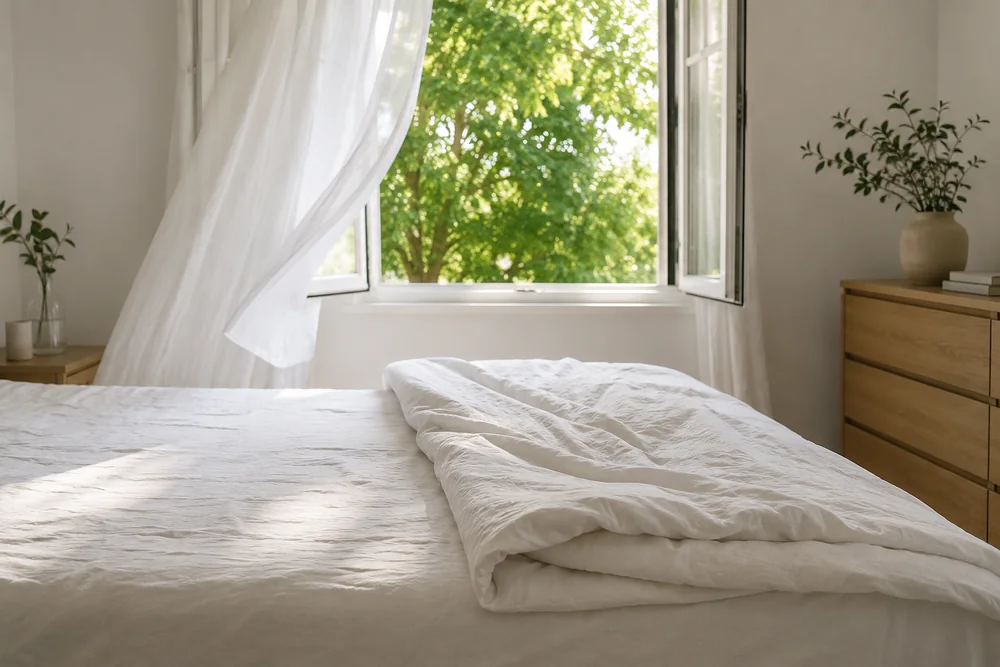 Schlafzimmer mit frisch bezogenem Bett und weit geöffnetem Fenster am Morgen