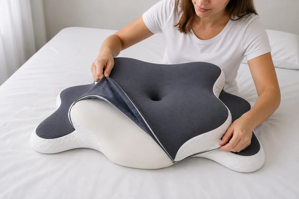 Zwei Hände ziehen den grauen Strickbezug vom Kissen ab, der weiße Schaumkern kommt zum Vorschein