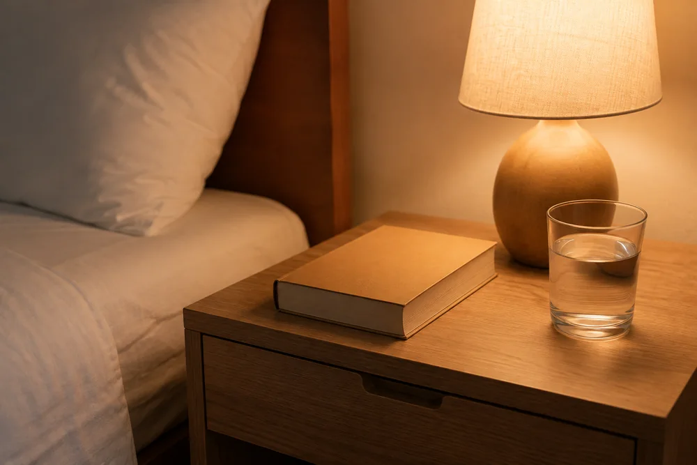 Ein Nachttisch mit Lampe, Buch und einem Glas Wasser