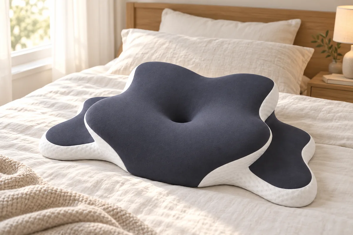 Schmetterlingskissen von Nackfein auf einem frisch bezogenen Bett mit Leinenbettwäsche in einem hellen Schlafzimmer