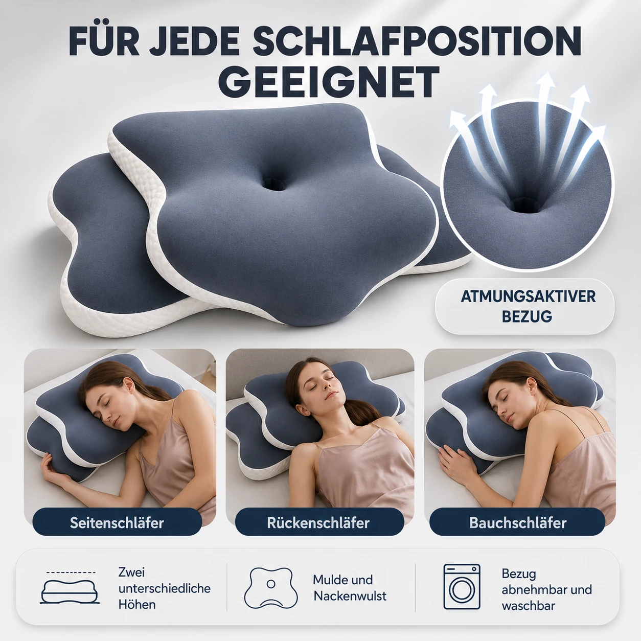 Das Nackfein Nackenkissen in Seiten-, Rücken- und Bauchlage, mit seinen drei Merkmalen
