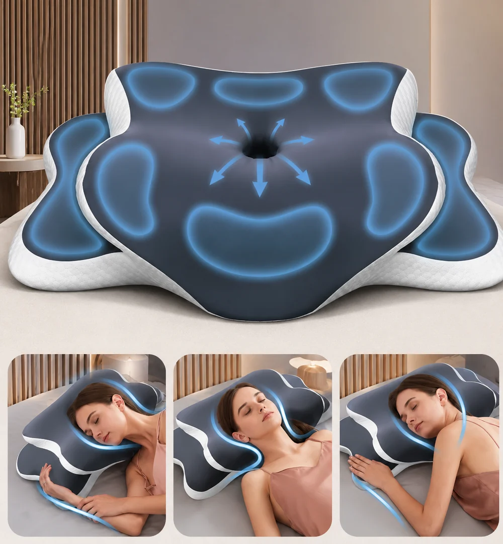 Die Auflagezonen des Nackfein Nackenkissens und drei Schlafpositionen