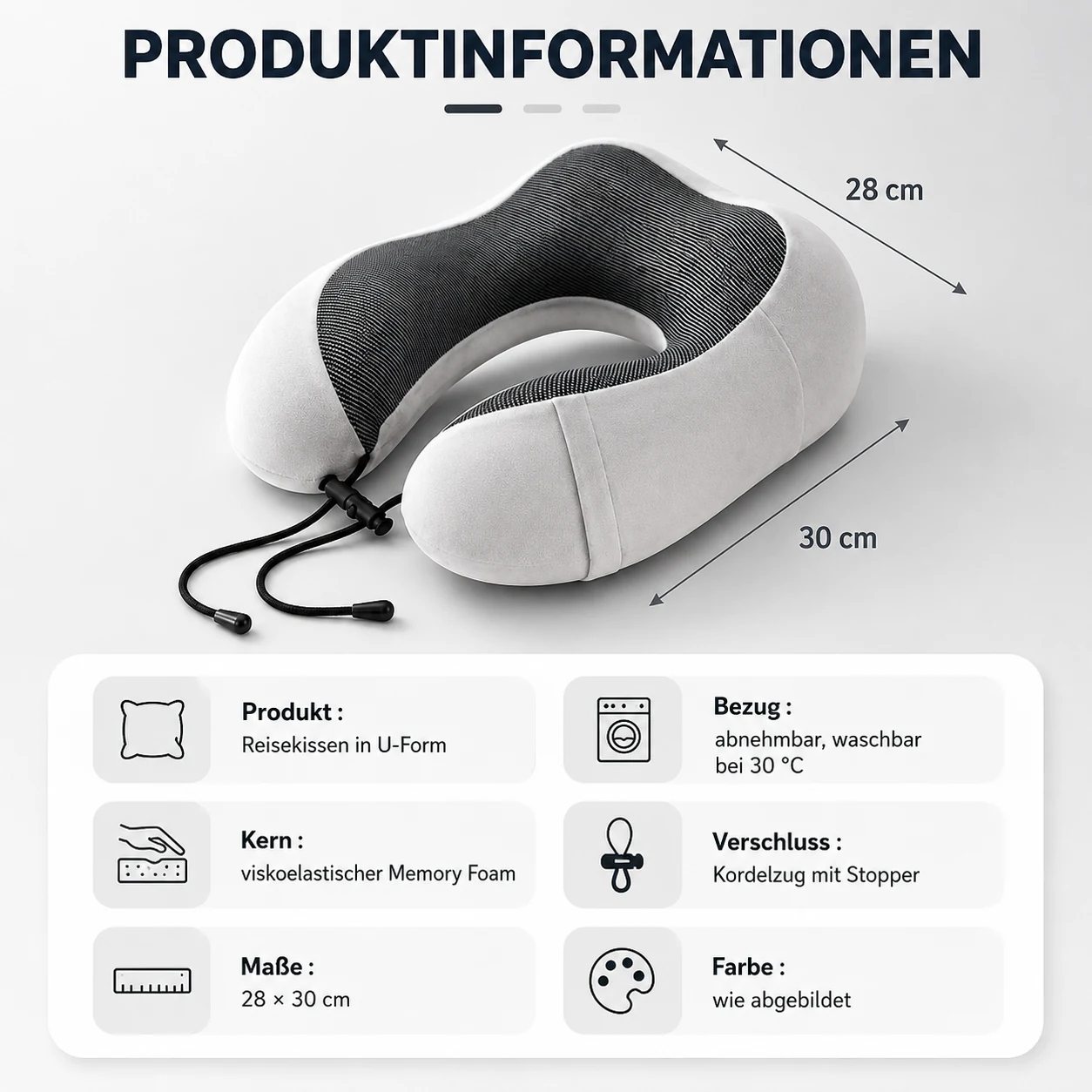 Produktdatenblatt des Nackfein Reisekissens: Maße 28 × 30 cm, Bezug, Kern und Verschluss