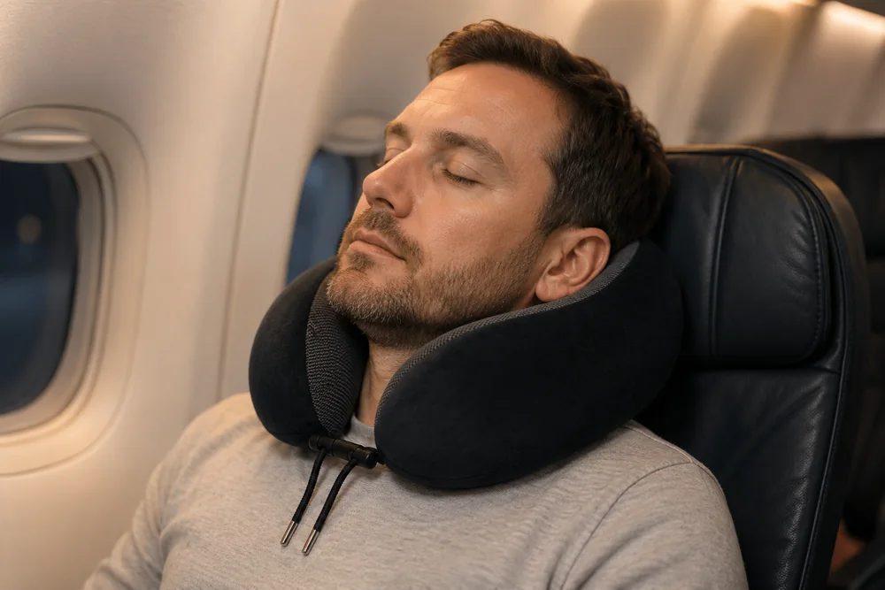 Reisender schläft im Flugzeugsitz, der Kopf wird vom Nackfein Reisekissen gehalten