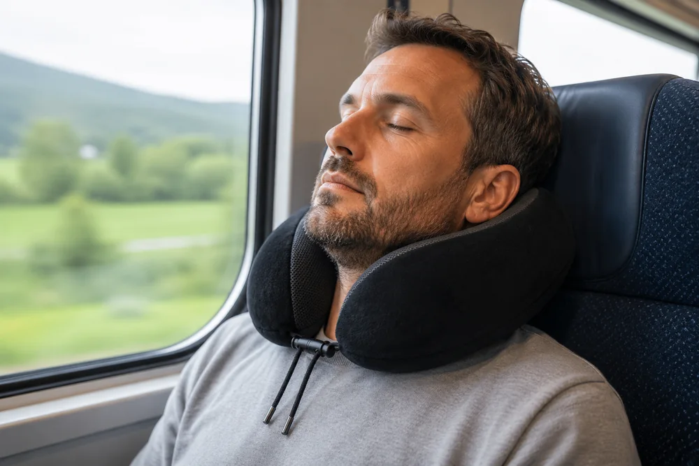 Reisender mit dem Nackfein Reisekissen im Zug, am Fenster